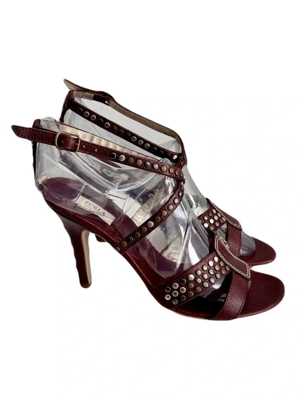 Furla Brown Leather Studded Strappy Heeled Sandals, Size 39